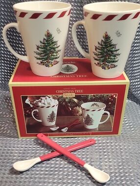 Spode White Holiday Christmas Tree Mugs with Red Candy-Cane Trim and Spoons